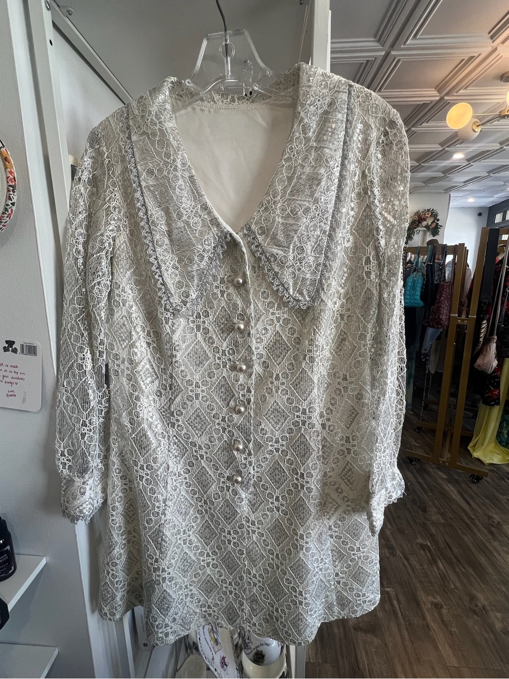 Vintage Lace Pearl-Button Women's dress with silver overlay and Peter Pan collar
